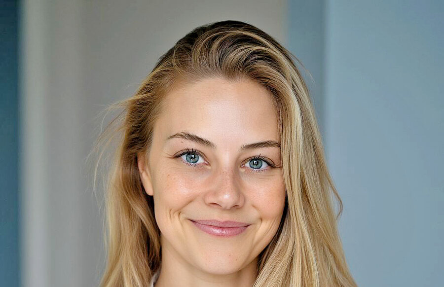 Eine junge Frau mit blonden Haaren vor einem  grauem Hintergrund lächelt.