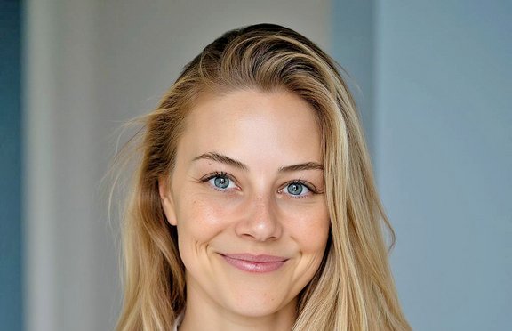 Eine junge Frau mit blonden Haaren vor einem  grauem Hintergrund lächelt.
