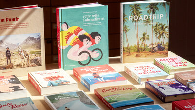 Mehrere bunte Bücher sind auf einem Tisch drapiert. Von rechts kommt Sonnenstrahlung, so dass die Hälfte der Bücher im Sonnenlicht stehen.