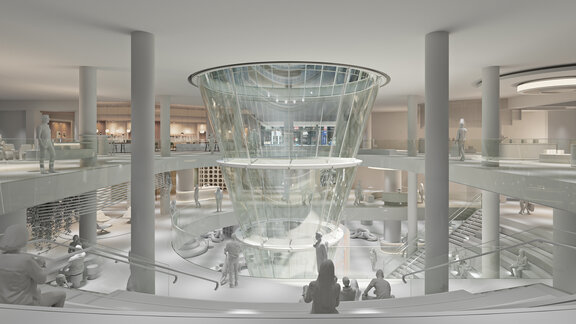 Visualisierung des zukünftigen Innenraums von Lumina mit einem Lichtkegel in der Mitte und Aufenthaltsflächen drumherum