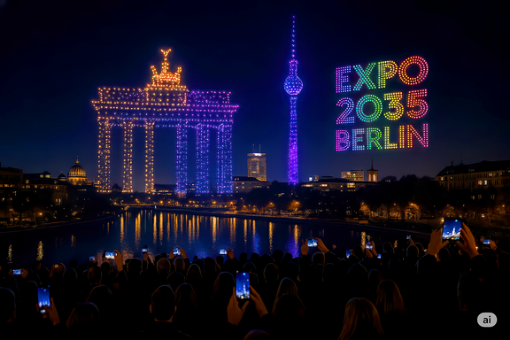 Leuchtende Drohnenshow zeigt das Brandenburger Tor und den Berliner Fernsehturm, daneben bunte Schrift 'EXPO 2035 BERLIN' am Nachthimmel über der Spree, Publikum filmt mit Smartphones.